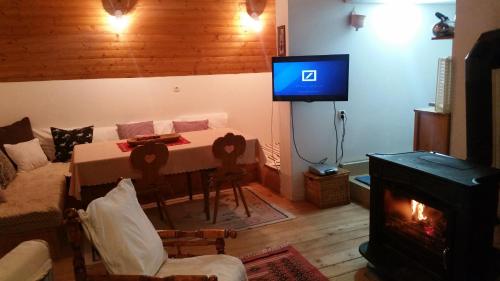 a living room with a fireplace and a tv in it at Vikendica Armin in Vlasic