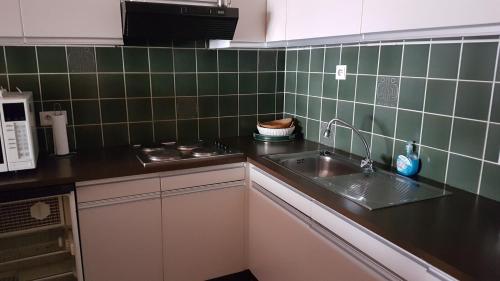 eine Küche mit einer Spüle und grünen Fliesen an der Wand in der Unterkunft Isola Bella in Blankenberge