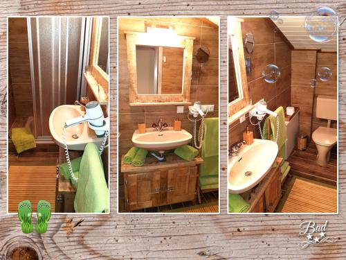 a collage of pictures of a bathroom with a sink and a mirror at Fewo-Egger-Thalmann in Virgen