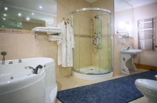 a bathroom with a shower and a tub and a sink at Отель Фараон in Kyiv