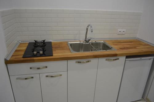 a kitchen counter with a sink and a stove at Modern Apartment in Villa Monte in Bakuriani