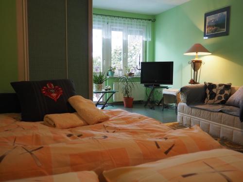 Posteľ alebo postele v izbe v ubytovaní Apartament Zielone Studio