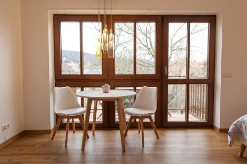 einen Tisch und Stühle in einem Zimmer mit Fenster in der Unterkunft Modernes Studio im Herzen von Neustadt: PfalzLiebe in Neustadt an der Weinstraße