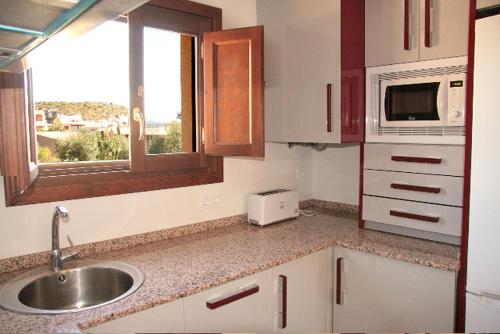 een keuken met een wastafel, een magnetron en een raam bij Apartamento Angel e Isabel in Alquézar