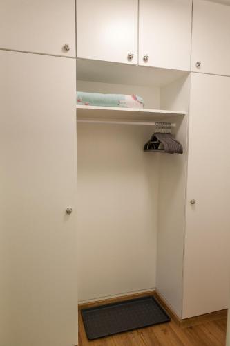 a closet with white cabinets and a glass door at Modernes Studio im Herzen von Neustadt: PfalzLiebe in Neustadt an der Weinstraße
