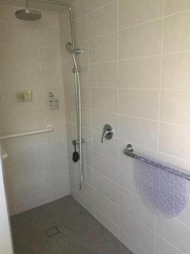 a shower with a glass door in a bathroom at Trippypossums House in Horsham