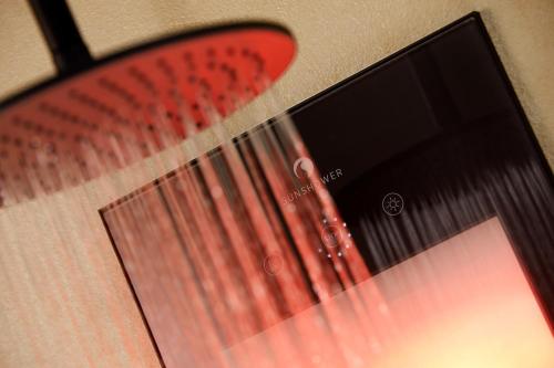a close up of a red comb next to a mirror at de Vogelensangh in Vogelenzang