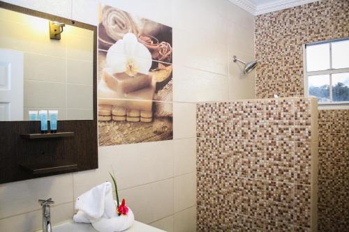a bathroom with a shower and a painting on the wall at Palm Spring Inn in Oranjestad