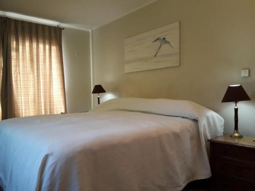 a bedroom with a white bed and a window at B&B Santo Domingo Chile ENGLISH SPOKEN Gran Departamento compartido frente al mar PARQUE TRICAO bird sanctuary 14kms 9miles away DESAYUNO ESTACIONAMIENTO Y WIFI GRATIS Free parking wifi and breakfast in Santo Domingo