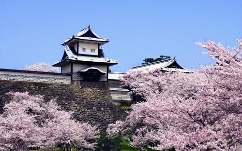 a building with a tower with pink cherry trees at KKR Hotel Kanazawa in Kanazawa