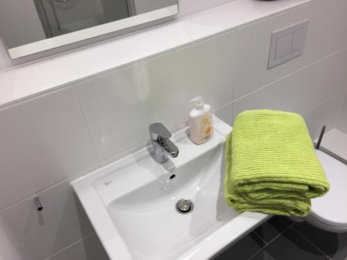 ミュンヘンにあるMunich Apartmentのバスルームの洗面台の上に置かれた緑のタオル