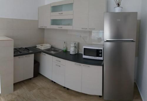 a kitchen with a stainless steel refrigerator and white cabinets at Pensiunea Denis in Cârțișoara
