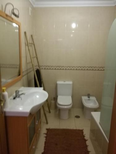 a bathroom with a sink and a toilet and a mirror at São Martinho do Porto in São Martinho do Porto