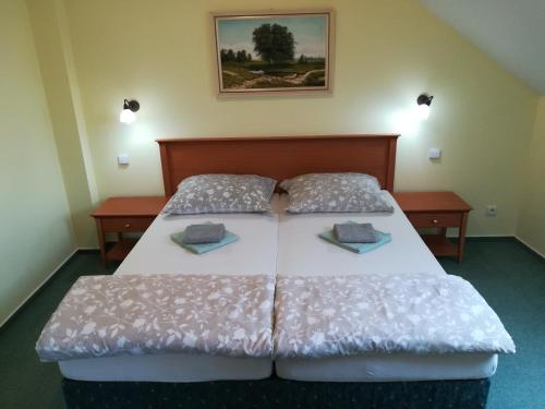 a bedroom with two beds with pillows on them at Penzión Rodina in Levoča