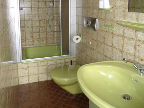 La salle de bains est pourvue d'un lavabo vert et de toilettes. dans l'établissement Haus am Weinberg, à Endingen am Kaiserstuhl