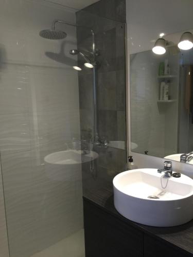 La salle de bains est pourvue d'un lavabo et d'une douche en verre. dans l'établissement Málaga en familia, à Malaga