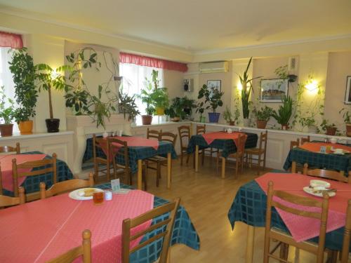 a restaurant with tables and chairs and potted plants at Korona Hotel in Samara