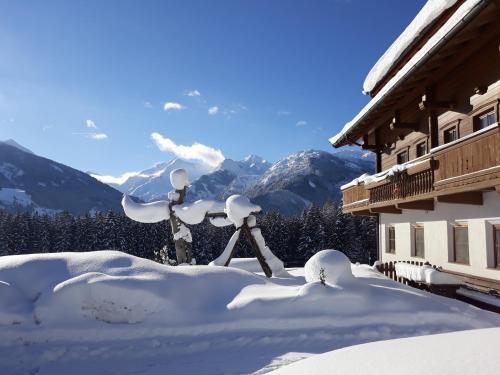 a snow covered yard with a building and mountains at Apartment Bauernhof Thurnummerstall in Hollersbach im Pinzgau