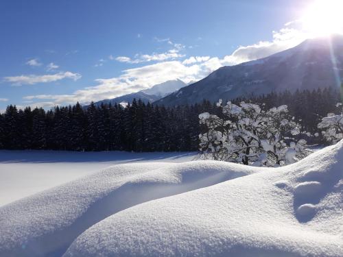 a snow covered road with a mountain in the background at Apartment Bauernhof Thurnummerstall in Hollersbach im Pinzgau
