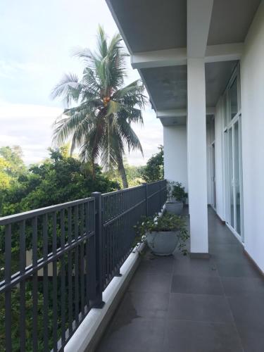 a balcony of a house with a palm tree at Hikka Hill Loft in Hikkaduwa