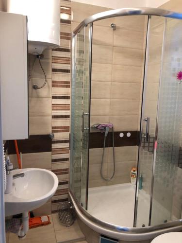 La salle de bains est pourvue d'une douche et d'un lavabo. dans l'établissement Studio Apartments Santa, à Marčići