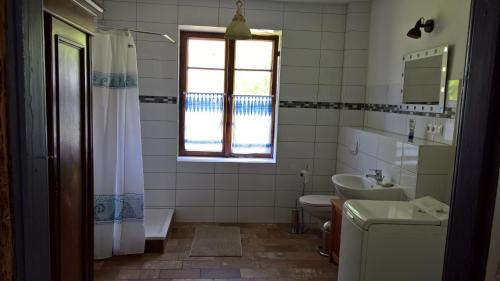 a bathroom with a sink and a toilet and a window at Altes Pfarrhaus in Neuenkirchen auf Rugen