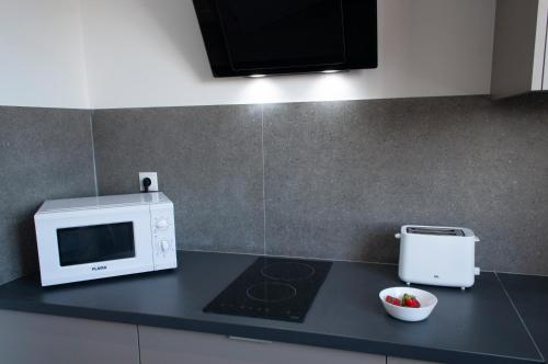 a kitchen with a microwave and a bowl of fruit on a counter at SohoSuites Villavieja in Alicante