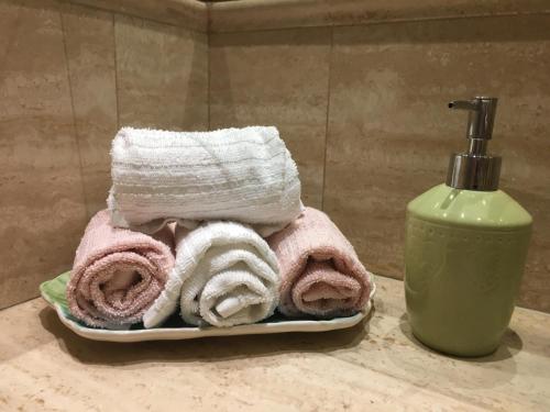 einen Teller mit Handtüchern und einer Flasche Seife in der Unterkunft La Terrazza di Isabel in Rom