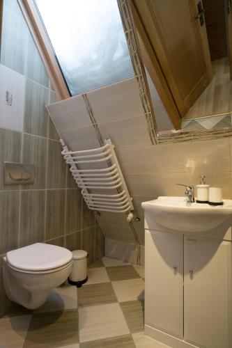 a bathroom with a toilet sink and a skylight at Apartamenty Ciche Wzgórze Zakopane in Zakopane