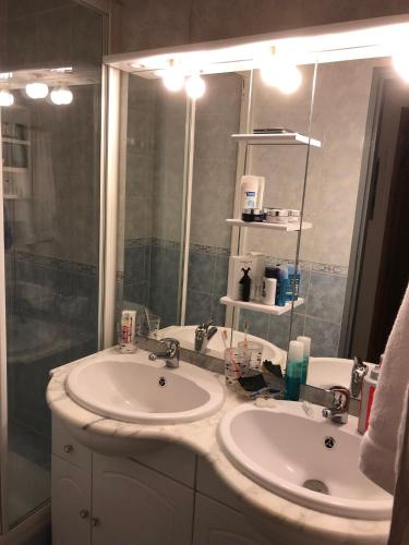 une salle de bain avec deux lavabos et une douche dans l'établissement Lauzes, aux Menuires