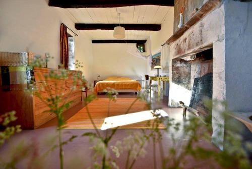 ein Wohnzimmer mit einem Bett und einem Kamin in der Unterkunft B&B Champdelaplume in Barjac