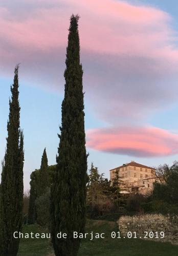 a group of cypress trees in front of a sunset at B&B Champdelaplume in Barjac