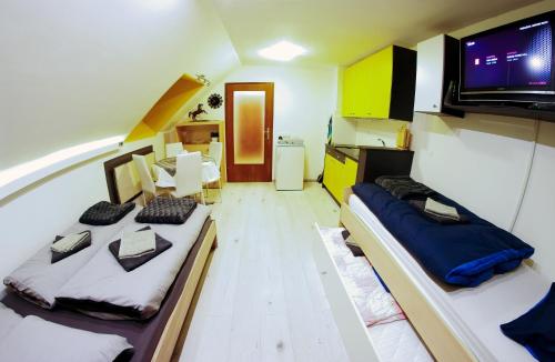 a small room with two beds and a flat screen tv at Apartma LINA, Encijan D-38 in Bohinj
