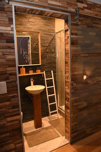 a bathroom with a toilet and a sink and a ladder at Vip room 209 in Trooz