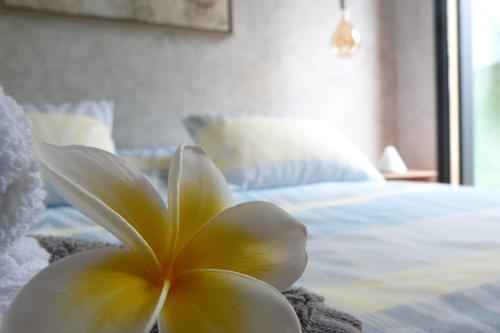 a white and yellow flower sitting next to a bed at L'Orée du Maïdo in Le Guillaume