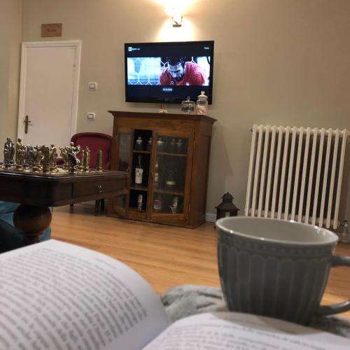 a living room with a flat screen tv and a table at Boutique Hotel Palazzo Corso Umberto in Boiano