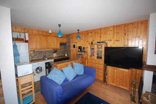 ein Wohnzimmer mit einem blauen Sofa und einem TV in der Unterkunft La Foret Apartment With Spectacular Mountain Views in Nendaz