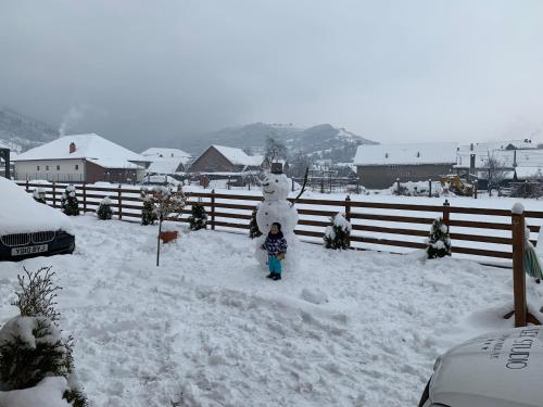 a child standing in the snow next to a snowman at Lex Studio in Praid