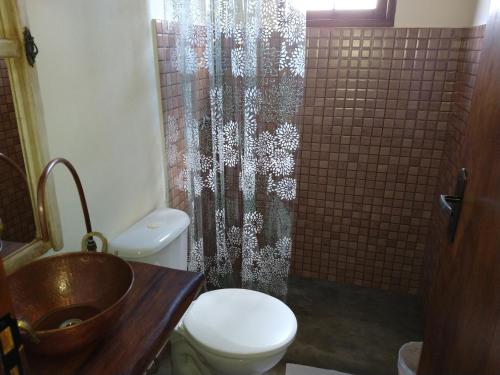 a bathroom with a sink and a toilet and a shower at Casa Vista da Lagoa in Gonçalves