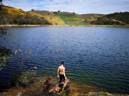 a man and two dogs standing next to a lake at La cabaña de sol in Aquitania