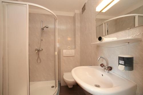 a bathroom with a shower and a sink and a toilet at Edelweiss am See in Zell am See