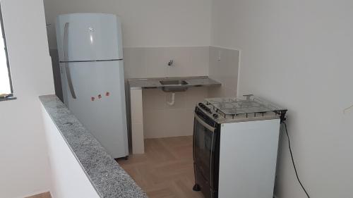 a small kitchen with a refrigerator and a sink at APARTAMENTO DO OTTO in Oliveira Fortes
