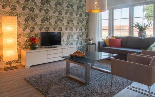 a living room with a couch and a tv at B&B en vakantie appartement de Glinthaar in Lemele