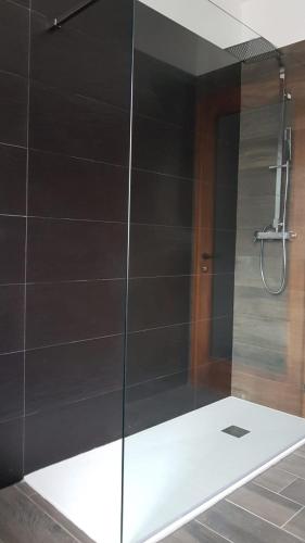 a shower with a glass door in a bathroom at B&B Xenia in Pordenone