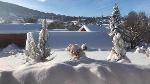 a snow covered roof of a house with trees covered in snow at CaLegna Ferienchalet in Bad Kohlgrub