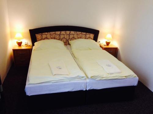 a bed with two pillows on it with two lamps at PENZION ANIKO GOLD *** in Horné Saliby
