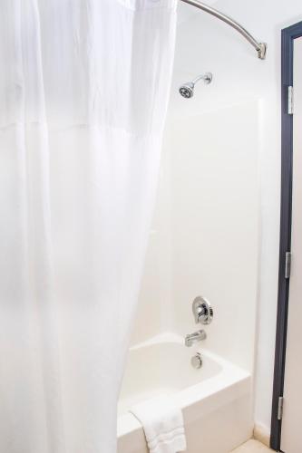 a bathroom with a shower with a white shower curtain at Country Inn & Suites by Radisson, Winchester, VA in Winchester