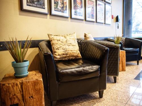 a cat sitting on a leather chair in a room at Georgetown Inn Seattle in Seattle