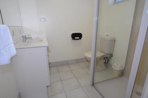 a bathroom with a shower and a toilet and a sink at City Centre Motel in Bendigo