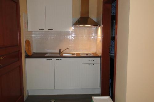 a small kitchen with white cabinets and a sink at Apartments Villa Ela in Umag